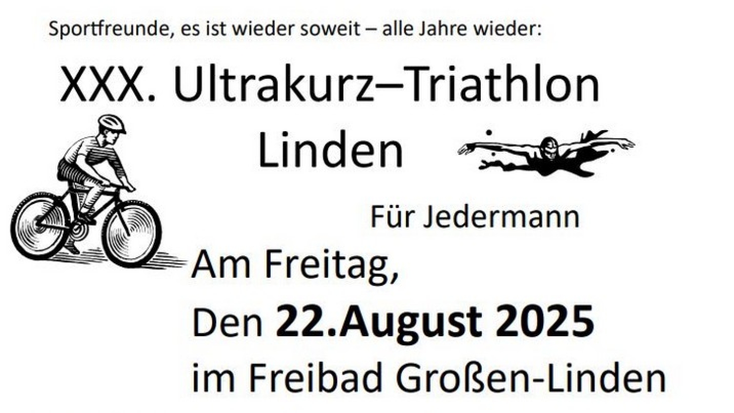 XXX. Ultrakurz–Triathlon Linden – Am 22. August 2025 im Freibad Großen-Linden